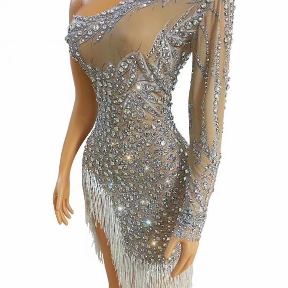 Fringed One-sleeve Rhinestone Dress