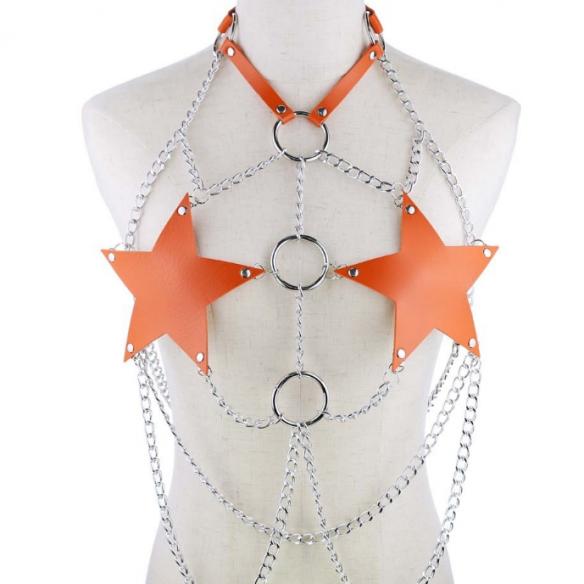 Orange Body Cage Harness Bra Metal Chain Rave Costume