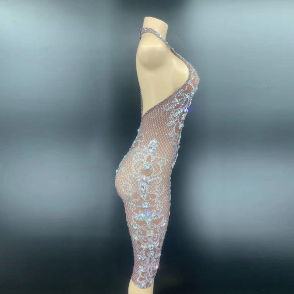 Brown Transparent Backless Rhinestone Dress