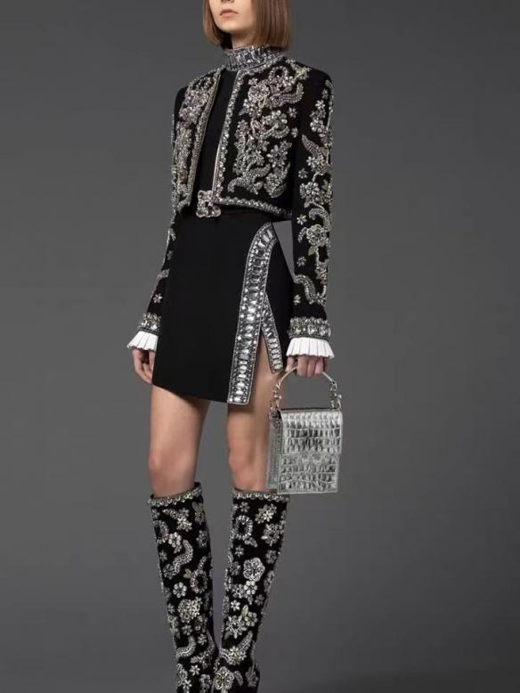 Black winter style heavy rhinestone jacket
