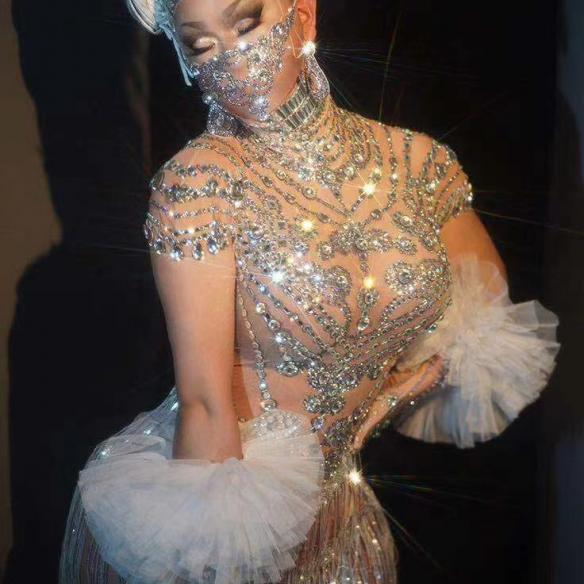 Sliver Tassel Rhinestone Leotard (includes gloves)