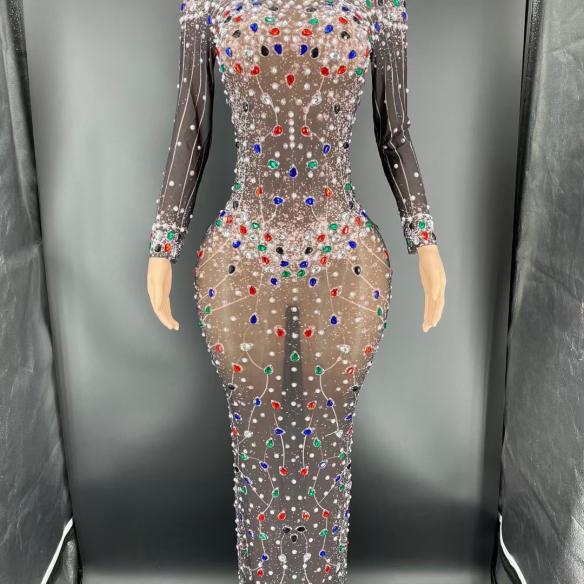 Black & White Long Rhinestone Dress