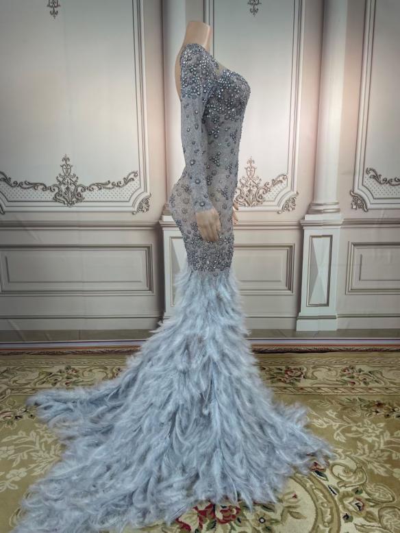 Grey Feather With Rhinestone Dress