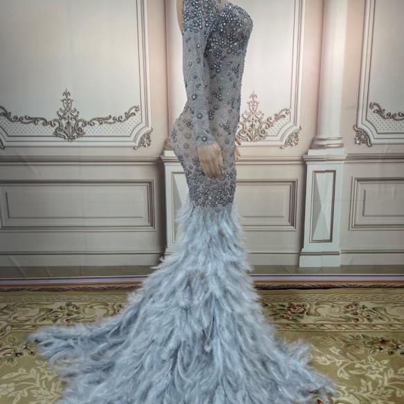 Grey Feather With Rhinestone Dress