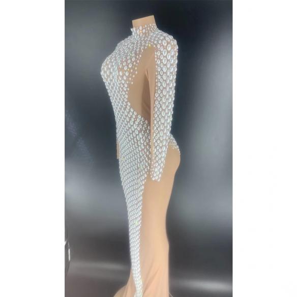 White Pearl Rhinestone Long Dress