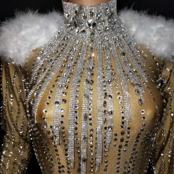 Gold Rhinestone Fringe Bodysuit