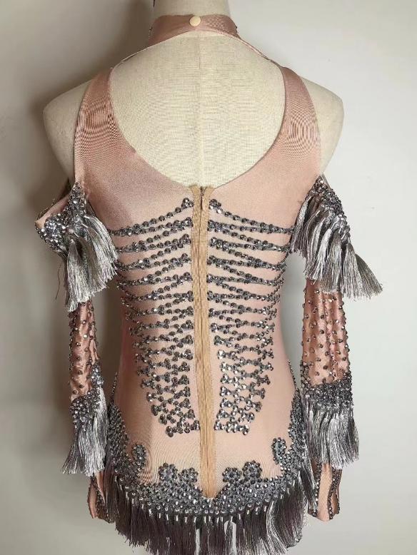 Lotus pink tassel rhinestone leotard
