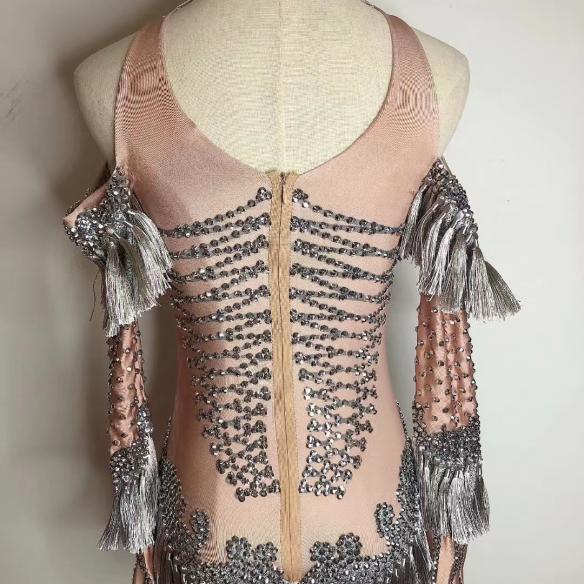 Lotus pink tassel rhinestone leotard