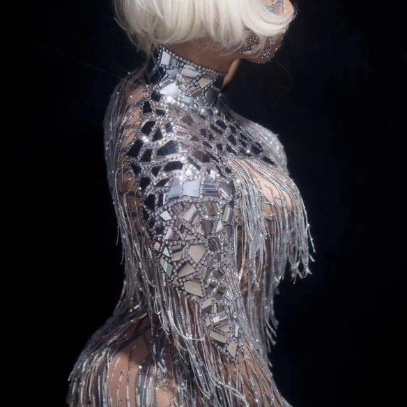 Sparkly Silver Rhinestones Tasseled Bodysuit