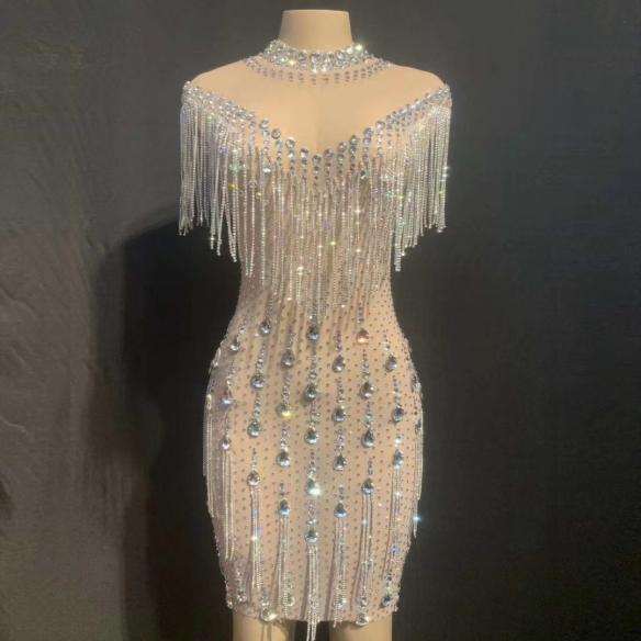 Nude Sleeveless Rhinestone Fringe Dress