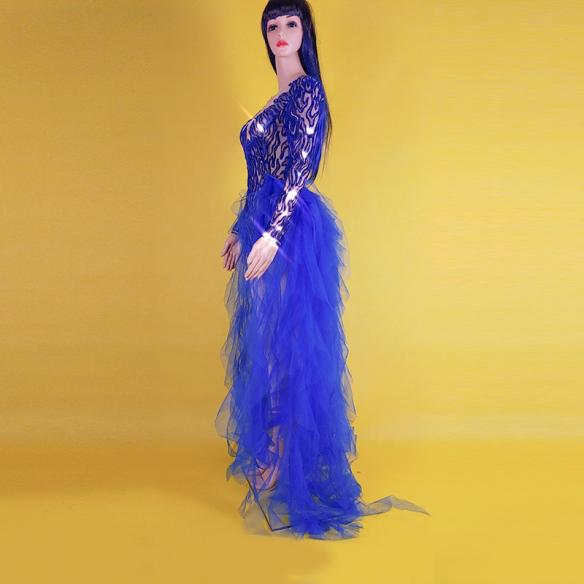 Blue Sequin Rave Fringe Mesh Trailing Bodysuit 