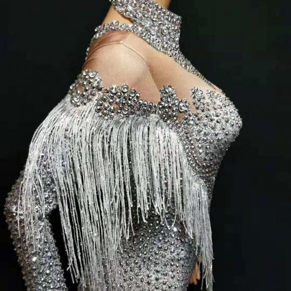 Silver Rhinestone Fringed Bodysuit