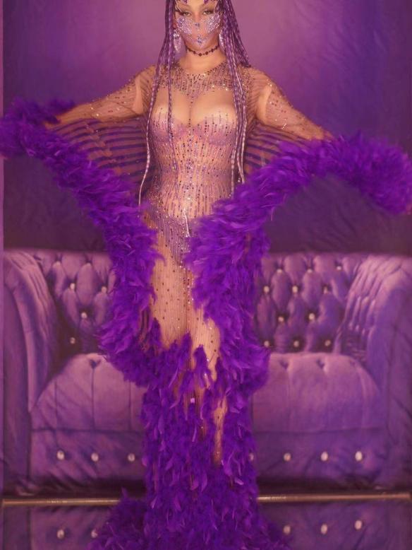 Purple Rhinestone Long Feather Dress