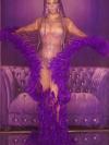 Purple Rhinestone Long Feather Dress