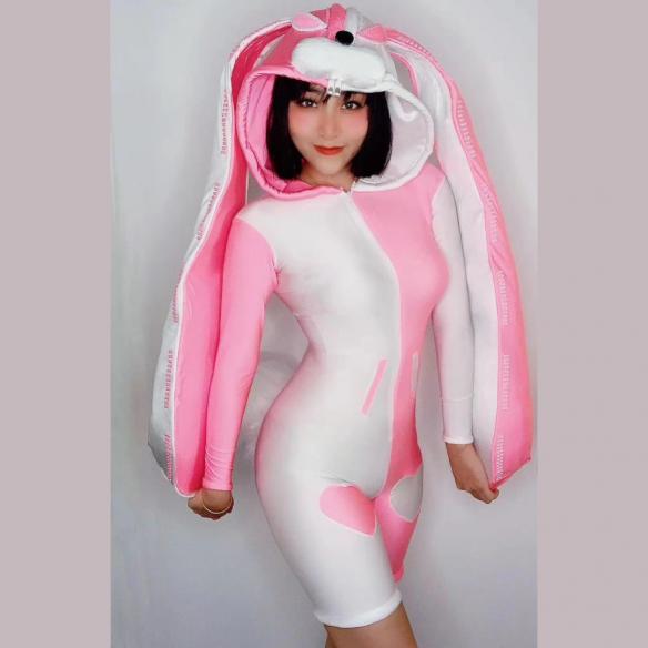 Half White and Half Pink Rabbit Hooded Bodysuit
