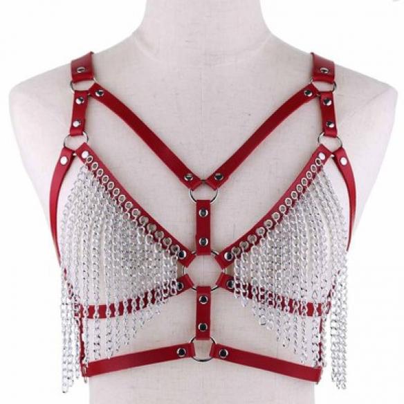 Red Tassel Body Metal Chain Bikini
