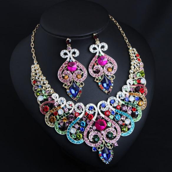 Triple iridescent crystal and rhinestone drop drag queen crystal necklace & earrings
