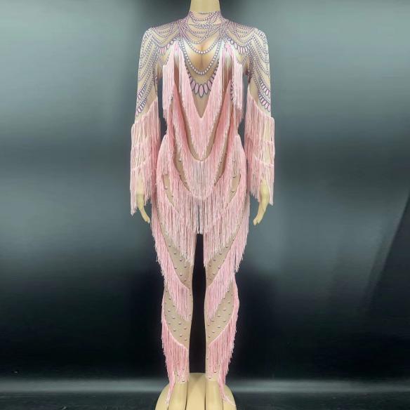 Pink Bead Print Tassel Bodysuit