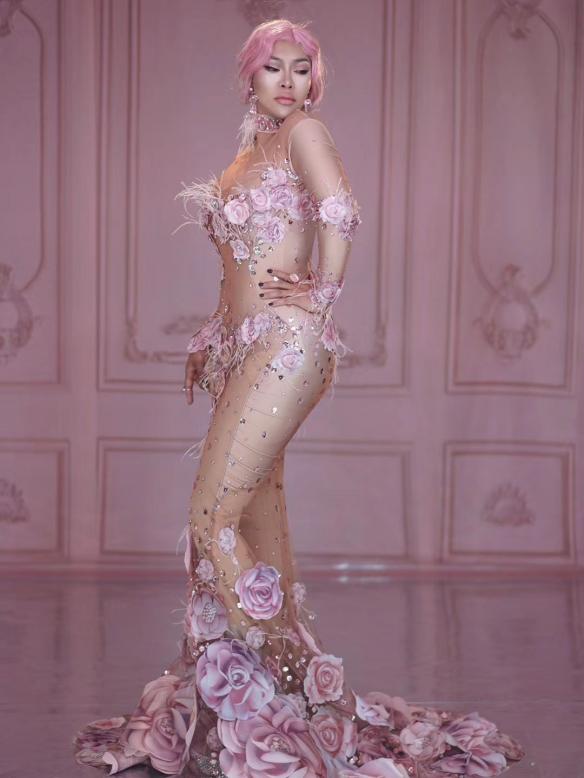 Pink Mesh Flower Rhinestone Fishtail Dress