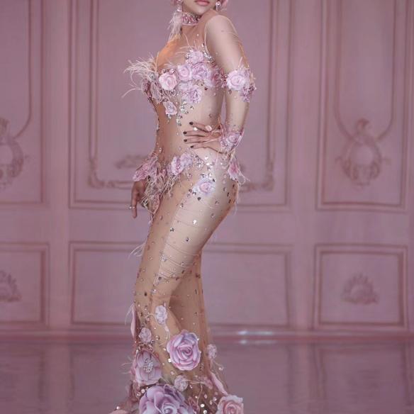 Pink Mesh Flower Rhinestone Fishtail Dress