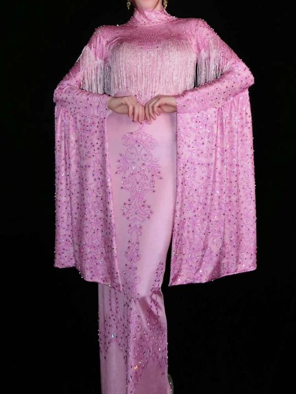 Pink Fringe Long Sleeve Dress