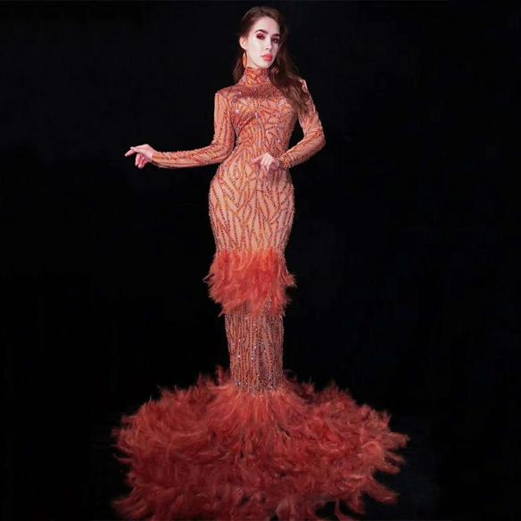 Orange Rhinestones Feather Dress