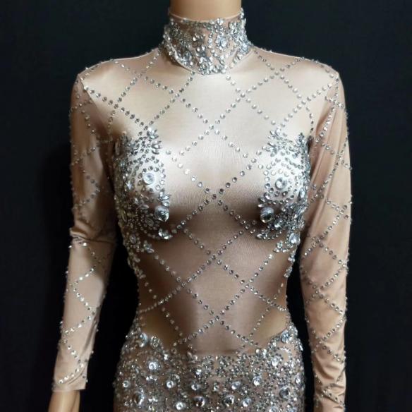 Skincolor Rhinestone Grid Dress
