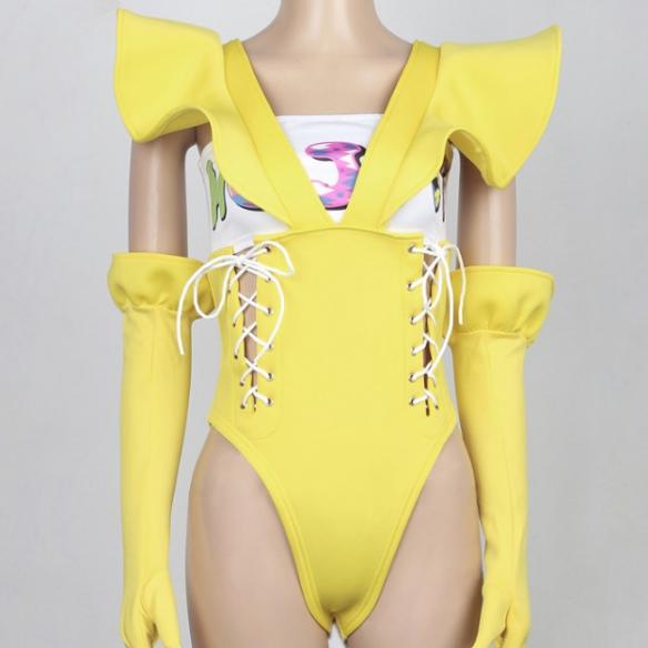 Yellow Bandage Long Gloves Leotard Bodysuit