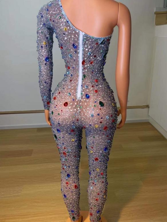 Full rhinestone single sleeve bodysuit