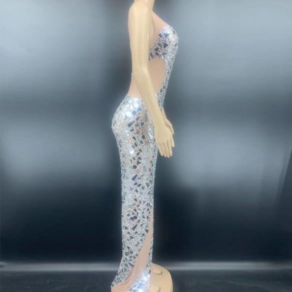 Silver Sequin Transparent Sleeveless Dress