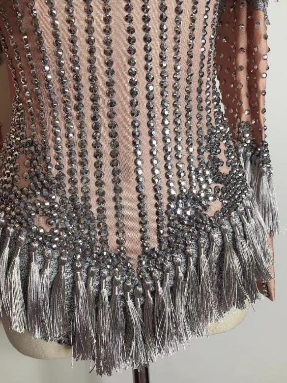 Lotus pink tassel rhinestone leotard