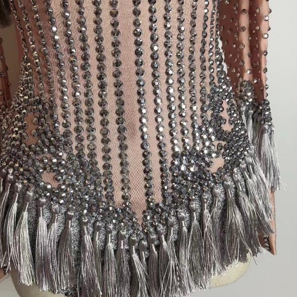 Lotus pink tassel rhinestone leotard