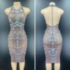 Brown Transparent Backless Rhinestone Dress