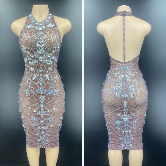 Brown Transparent Backless Rhinestone Dress