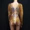 Golden Rhinestones Long Fringe Rave Leotard