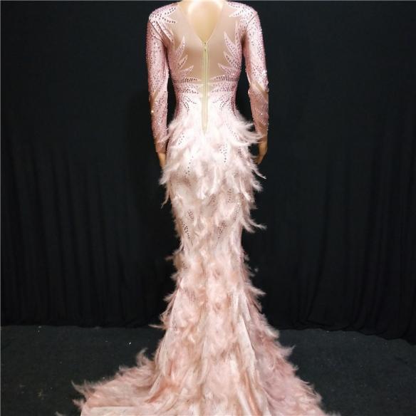 Pink Rhinestones Nude Feather Maxi Dress
