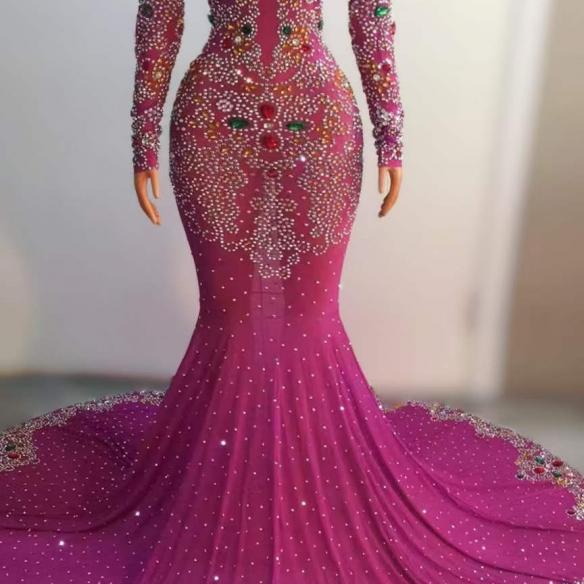 Customized shiny rhinestone trailing dress