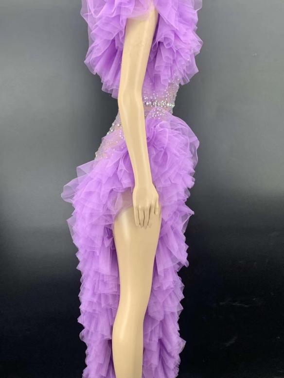 Purple Lace Long Sleeve Rhinestone Dress