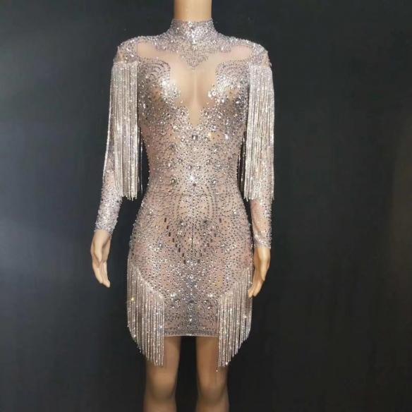 Silver Rhinestones Tassel Dress