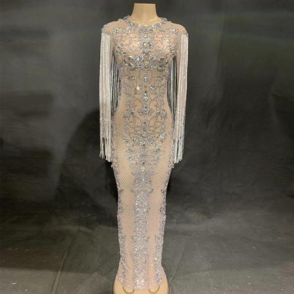 White Rhinestones Tassels Furcal Long Dress