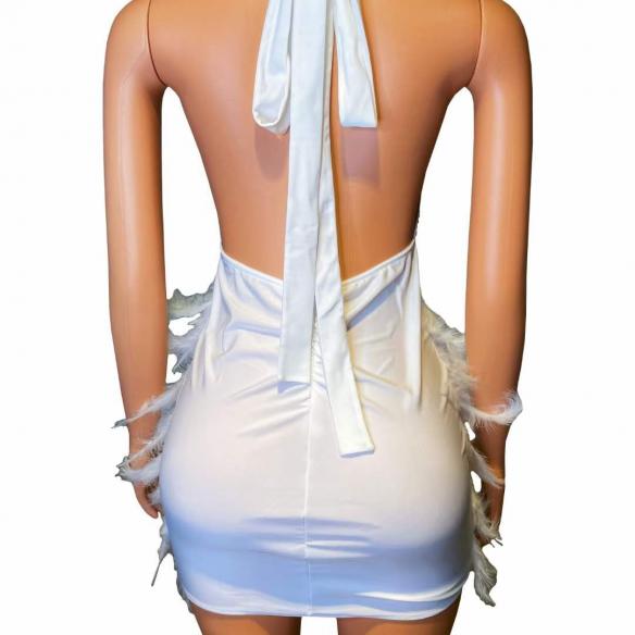 White sleeveless feather dress