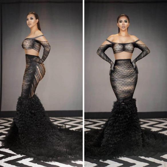 Black Shoulder- off Rhinestone Trailing Dress