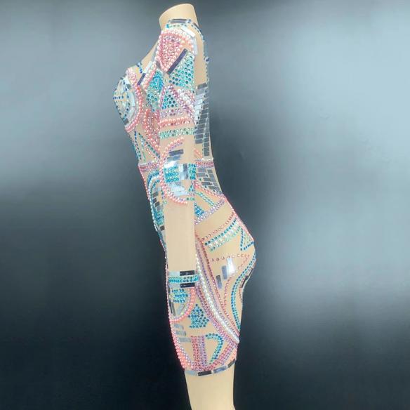 Multi-Color Rhinestoned Long Sleeves Dress