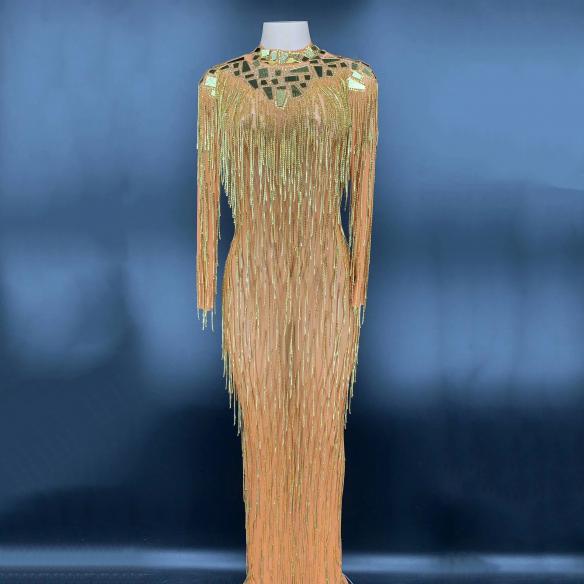 Gold Sequin Tassel Backless Dress