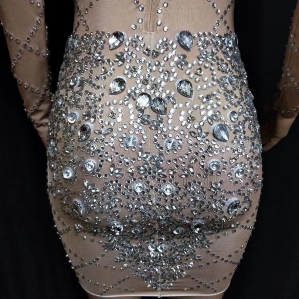 Skincolor Rhinestone Grid Dress