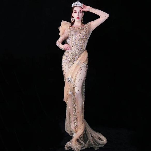 Gold Rhinestoned Long Trailing Dress