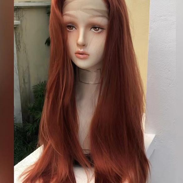 Reddish brown long straight synthetic wig