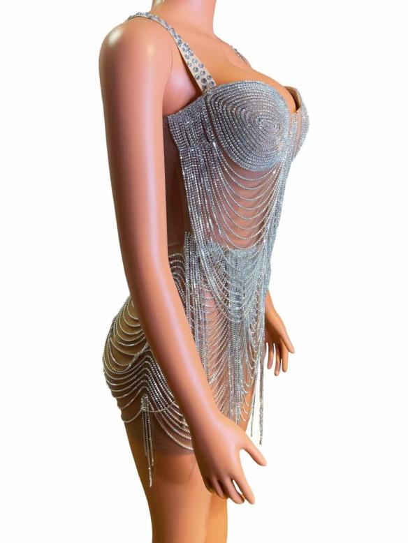 Silver rhinestone body chain dress