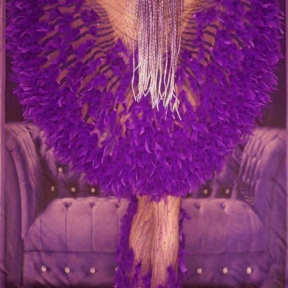 Purple Rhinestone Long Feather Dress