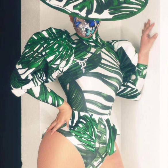 Green Leave Print Leotard (include hat)